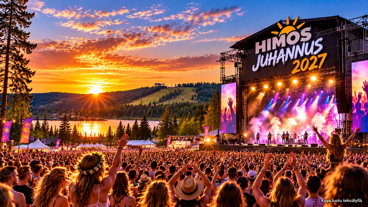Himos Juhannus 2027 – kesäfestivaalin lava ja yleisö, tekoälyllä luotu kuvitus