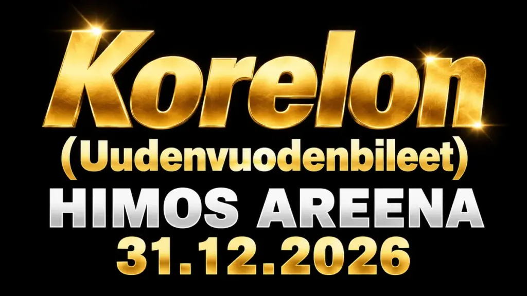 Korelon – Uudenvuodenbileet Himos Areenalla 31.12.2026, kultainen ja valkoinen teksti mustalla taustalla