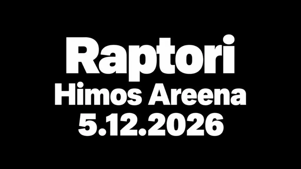 Raptori Himos Areena 5.12.2026 – valkoinen tapahtumateksti mustalla taustalla